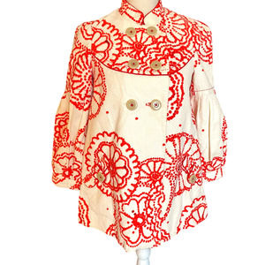 Anthropologie Elevenses Womens Floral Tweed Coat Jacket Puff Sleeve Sz 0 Orange